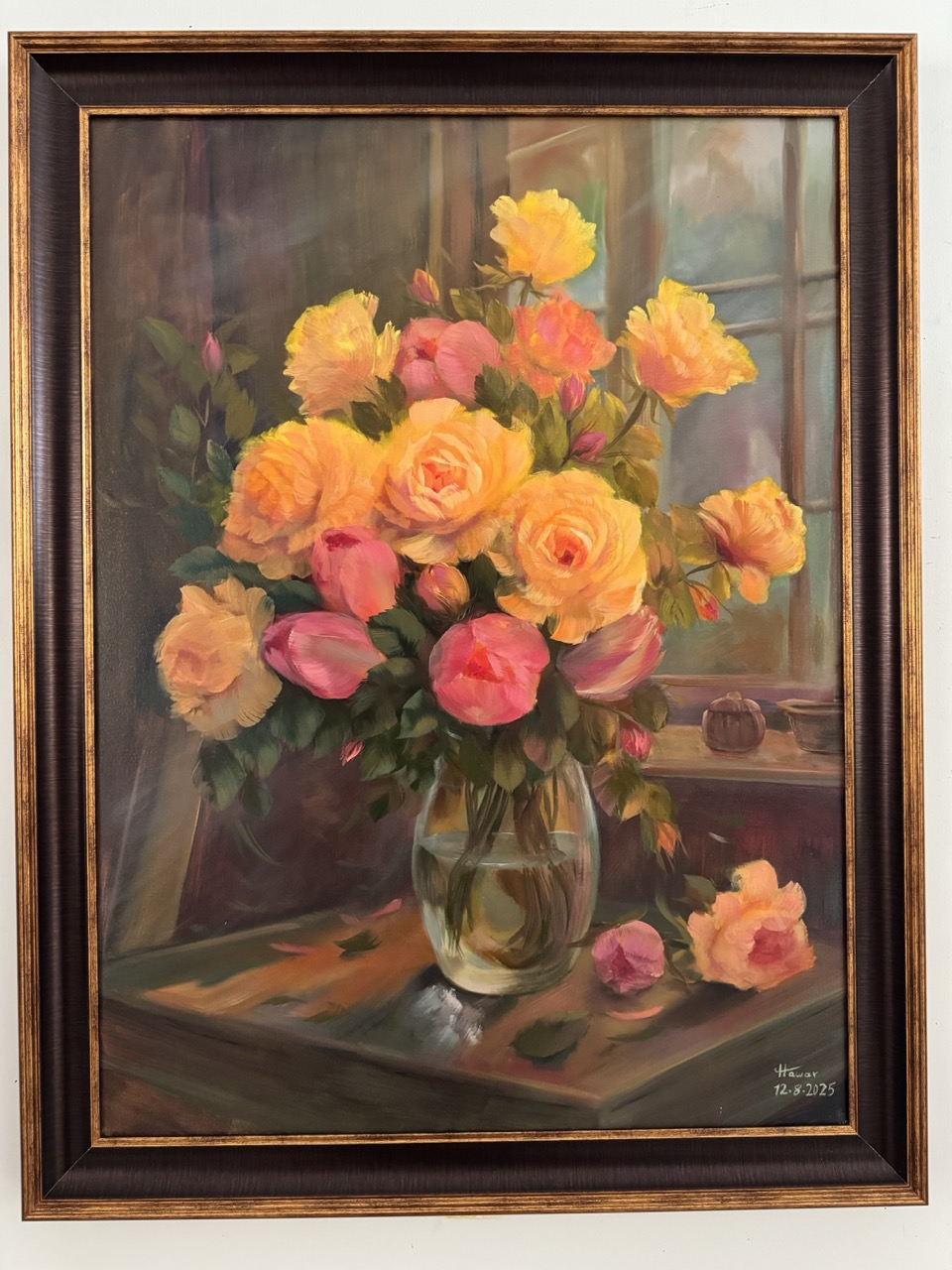 Golden Hour Window — Oil on canvas, Floral, by Hawar Arts