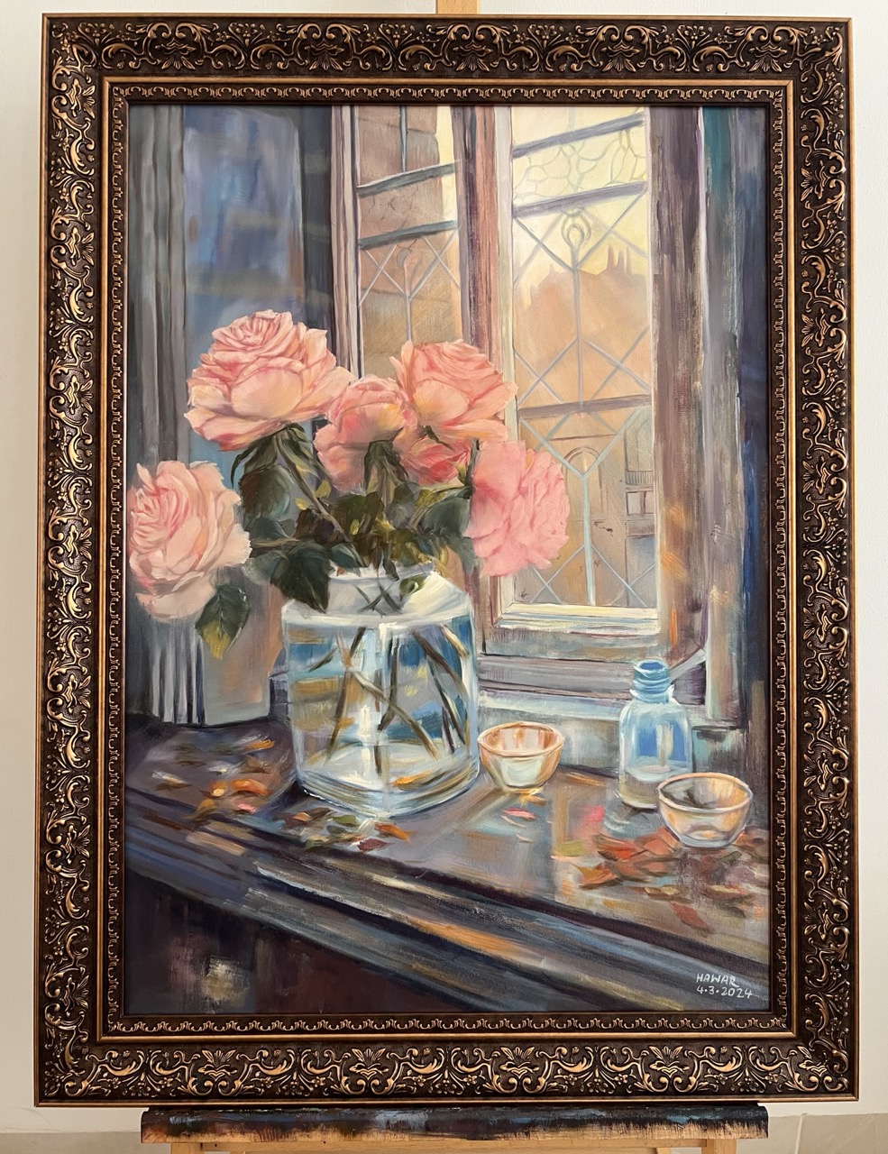 Flowers by the window — Oil on canvas, Floral, by Hawar Arts