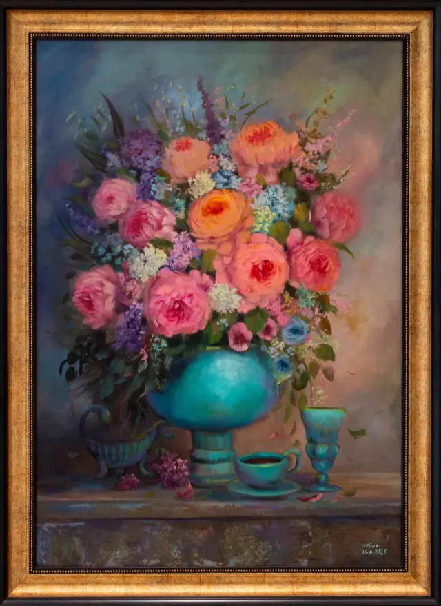 گوڵ و گوڵدان — Oil on canvas, Floral, by Hawar Arts