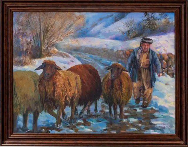 لە ڕێگای ماڵەوە — Oil on canvas, Kurdish Heritage, by Hawar Arts
