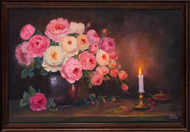 Roses and Candlelight — Oil on canvas, Floral, by Hawar Arts
