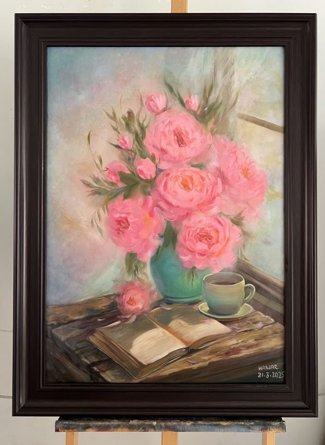 Morning coffee — Oil on canvas, Floral, by Hawar Arts