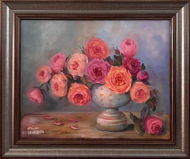 Pink Roses — Oil on canvas, Floral, by Hawar Arts