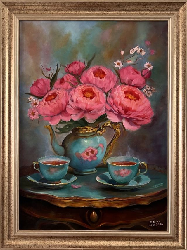 Afternoon Tea — Oil on canvas, Floral, by Hawar Arts
